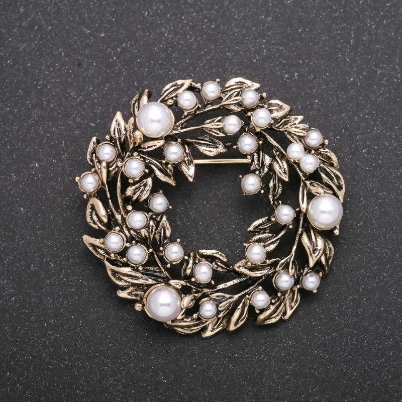 Brooch Crown Pearl Beads, metal colour "antique gold" 45mm