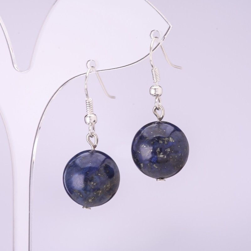 Lapis Lazuli Bead Earrings, Smooth Sphere, 12mm Diameter
