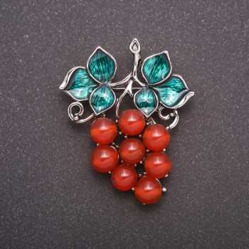 Brooch with natural carnelian "Grapes of Grapes" grey metal color 50x40mm