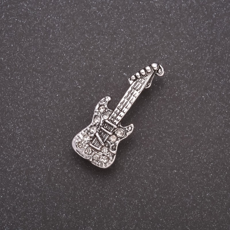 Brooch Guitar Mini in Crystals Gray Metal 28x10mm