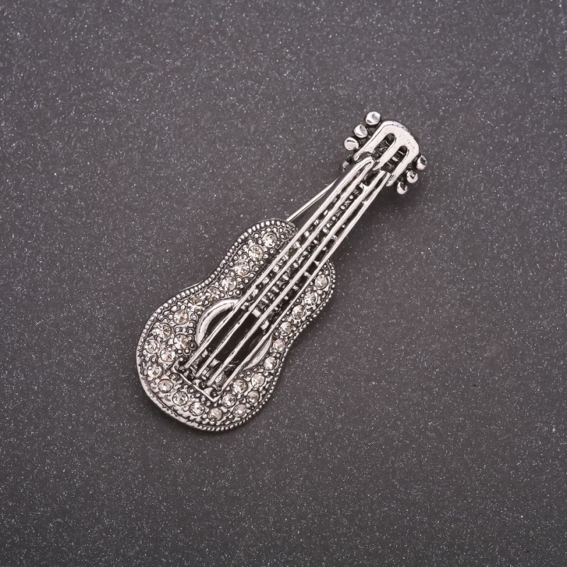Brooch Guitar in Rhinestones grey metal 50x19mm