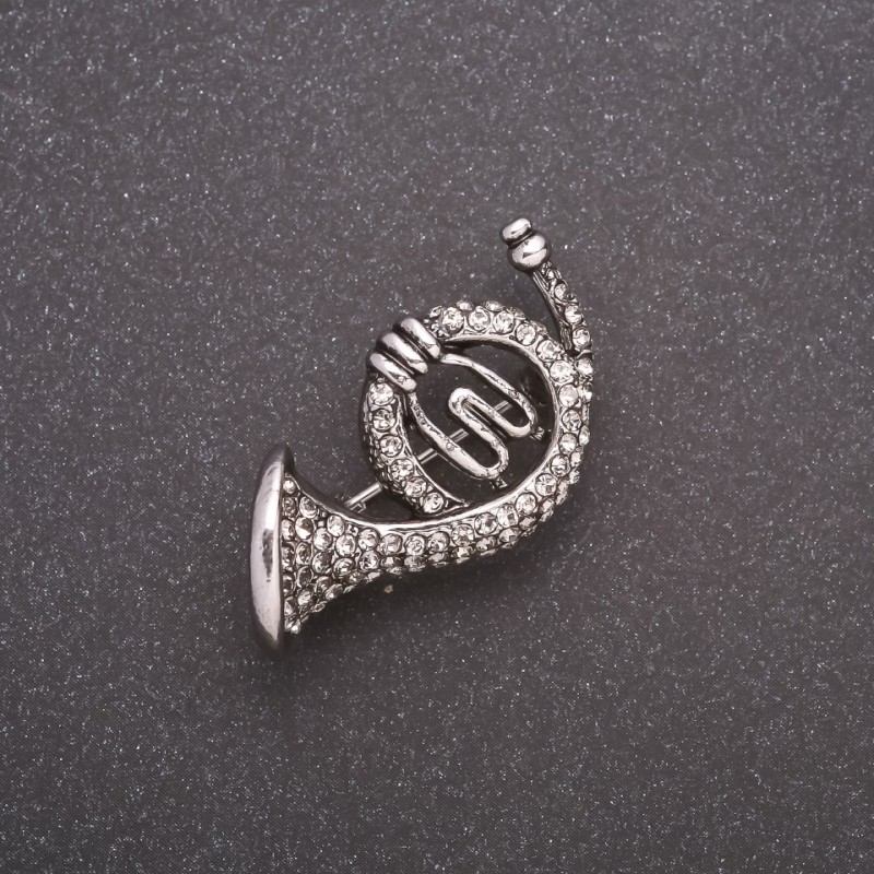 Brooch Pipe Bugle in Rhinestones Grey Metal 35x20mm