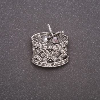  Brooch Drum with Rhinestones Grey Metal 24×26mm