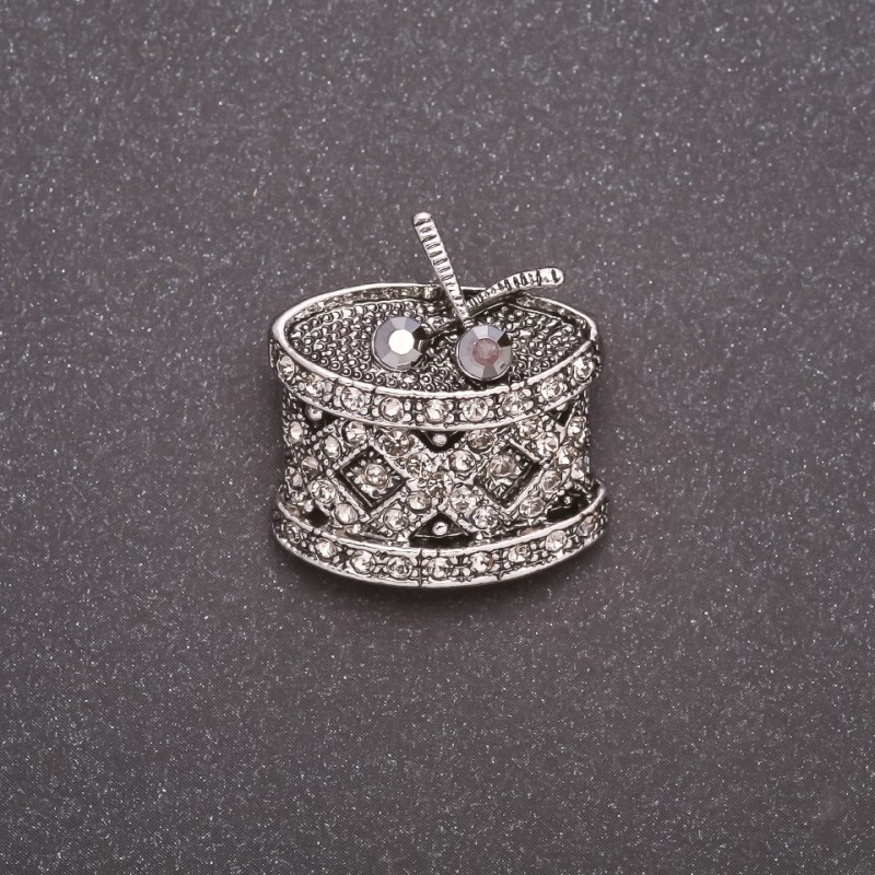  Brooch Drum with Rhinestones Grey Metal 24×26mm