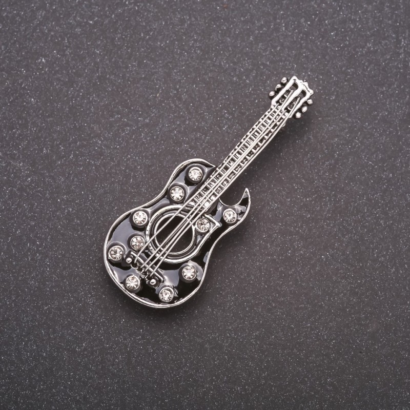 Brooch Guitar black enamel with grey rhinestones grey metal 51x21mm