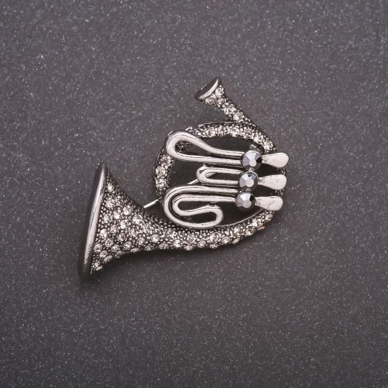 Brooch Pipe with Rhinestones Gray Metal 42x45mm