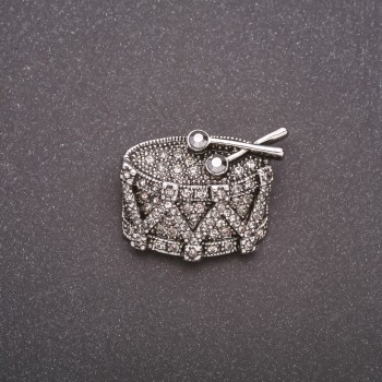 Brooch Drum with Crystals Grey Metal 32×26mm