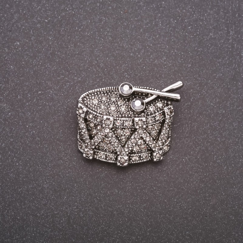 Brooch Drum with Crystals Grey Metal 32×26mm