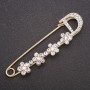 Flower Brooch Pin with White Rhinestones, Yellow Metal, 72x20mm