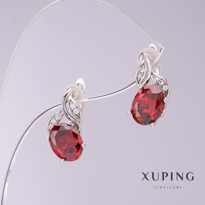Xuping Earrings with Red Zircon, 8mm Diameter, 16mm Length, Rhodium Plated