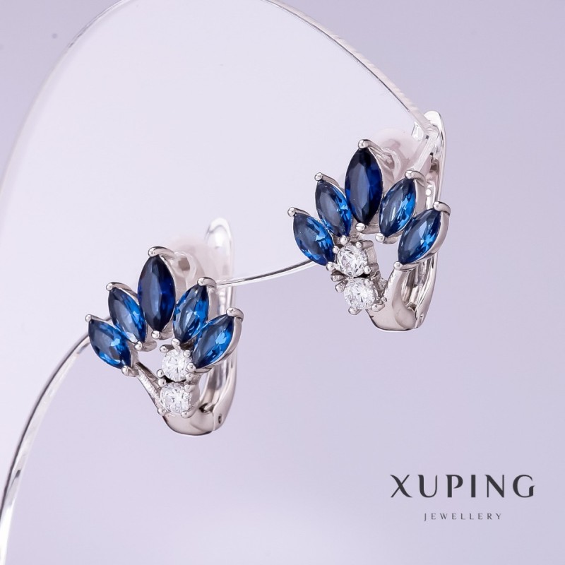 Xuping Earrings with Blue Zircon Crystals Fan, diameter 12mm, length 15mm Rhodium plated