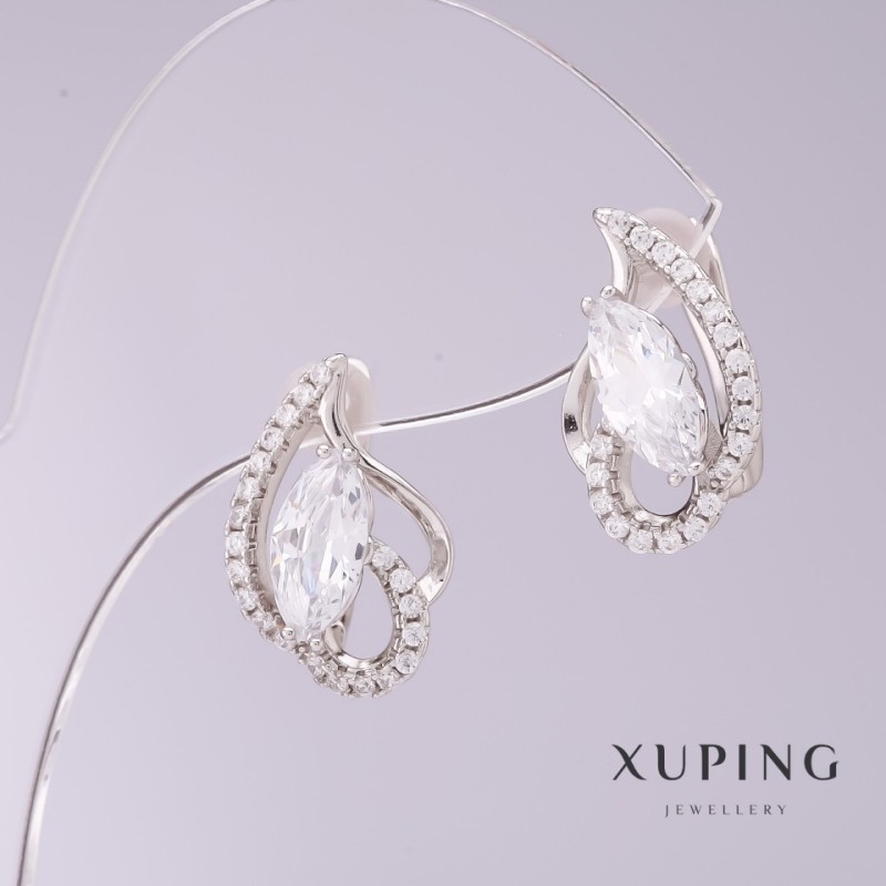 Xuping Earrings with White Zirconia, 9mm Diameter, 17mm Length, Rhodium