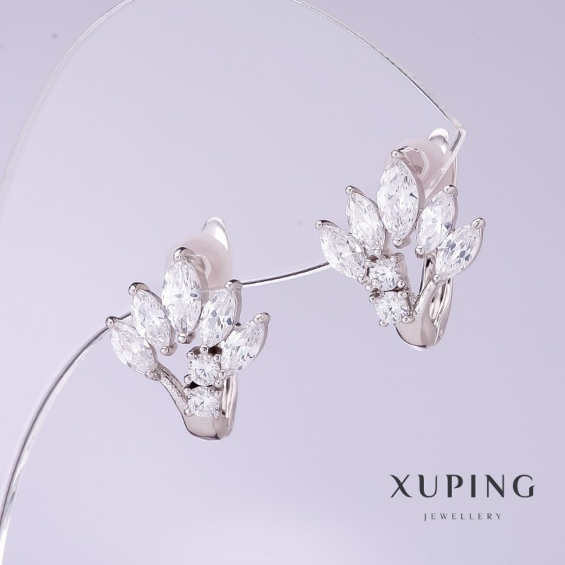 Xuping Earrings with white Zircons - Fan design, 12mm diameter, 15mm length, rhodium plating