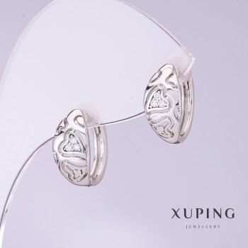 Earrings Xuping Carved Heart, 7mm diameter, 15mm length, Rhodium