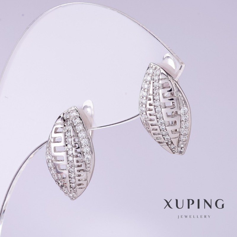 Xuping Earrings with White Crystals, 10mm Diameter, 18mm Length, Rhodium Plated