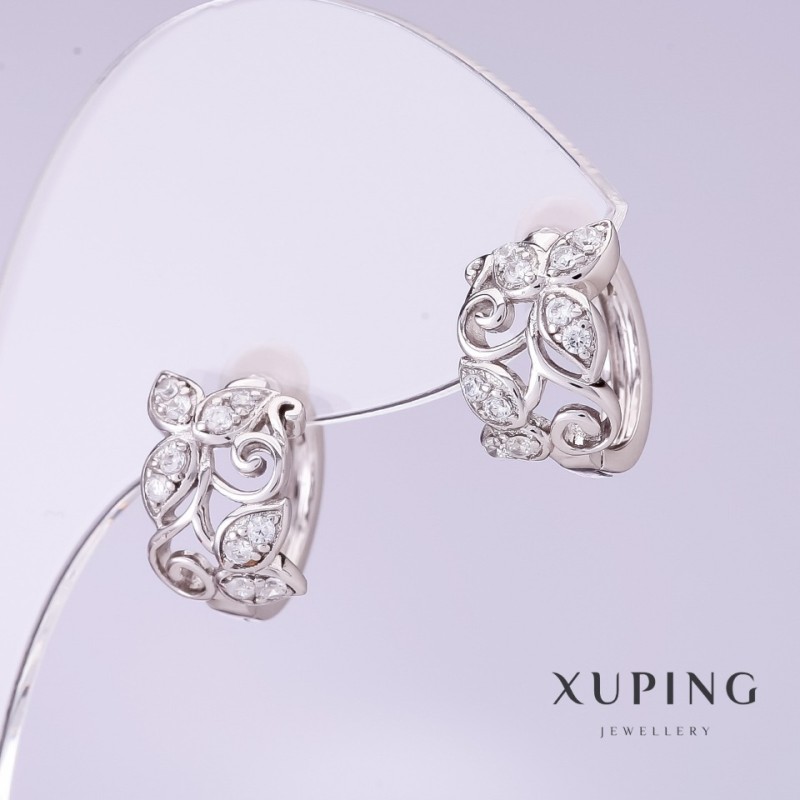 Xuping Earrings with White Crystals, 8mm Diameter, 12mm Length, Rhodium Plated