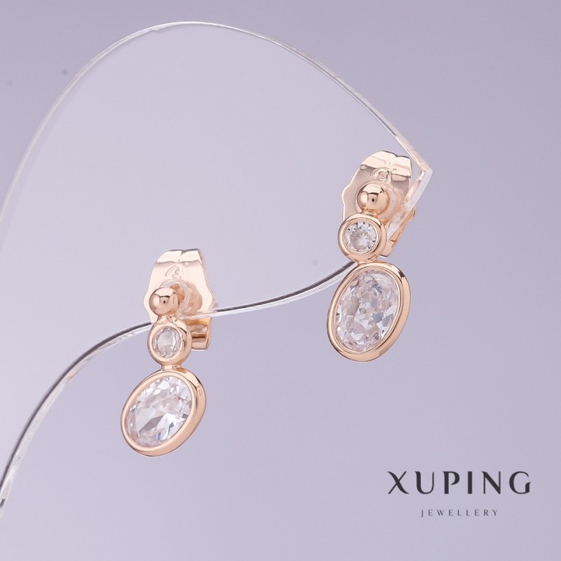 Xuping Earrings with White CZs, 6mm diameter, 14mm length, 18k Gold Plating