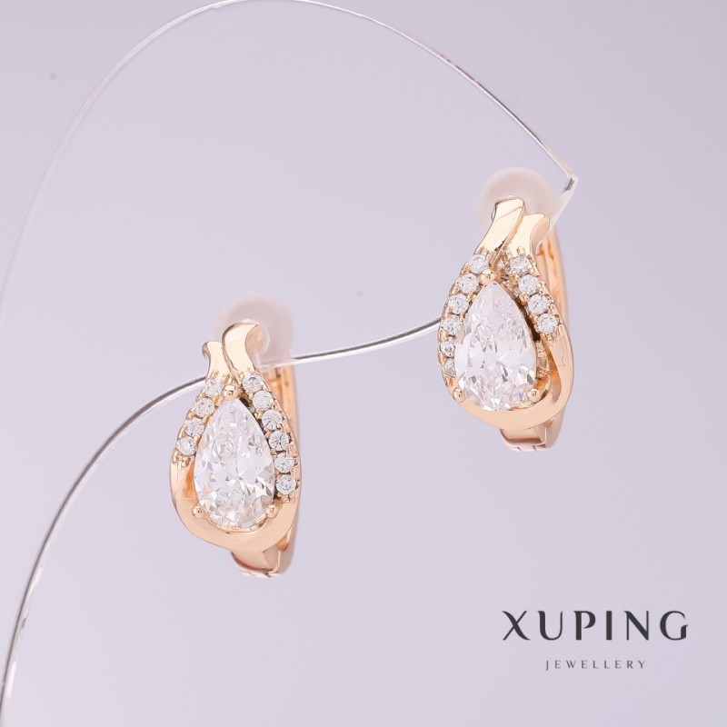 Xuping Earrings with white zirconia, 8mm diameter, 16mm length, 18K gold plated
