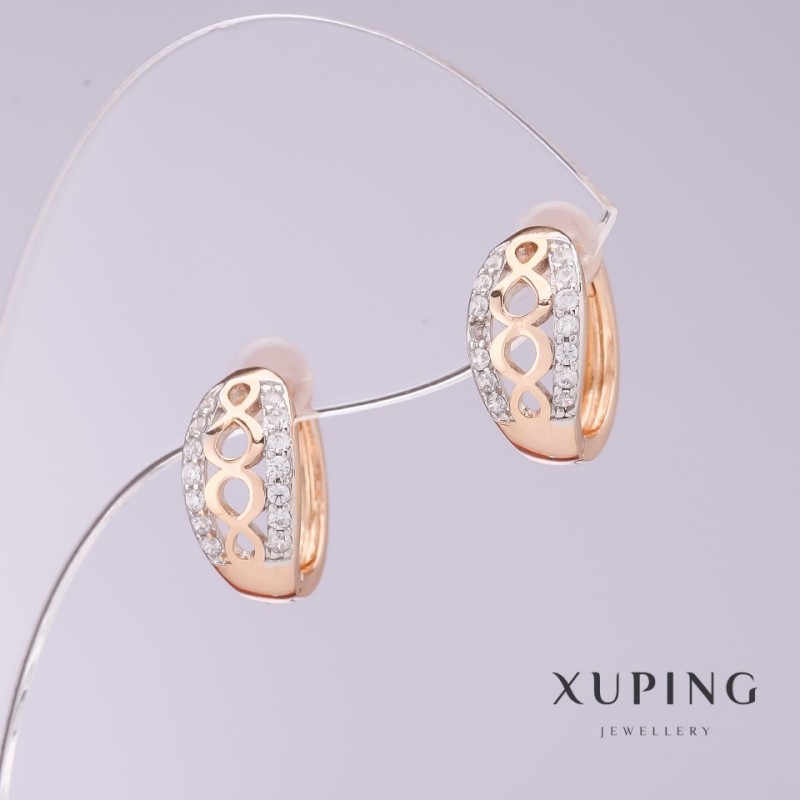 Xuping Earrings with White Crystals, 7mm Diameter, 13mm Length, 18k Gold Plating, Rhodium