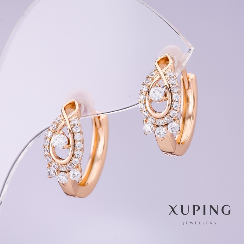 Xuping Earrings with White Cubic Zirconia, 7mm Diameter, 18mm Length, 18K Plating