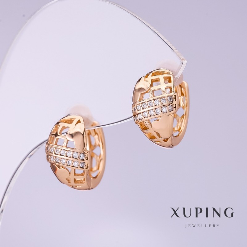 Xuping Earrings with White Crystals, 8mm Diameter, 13mm Length, 18K Plating