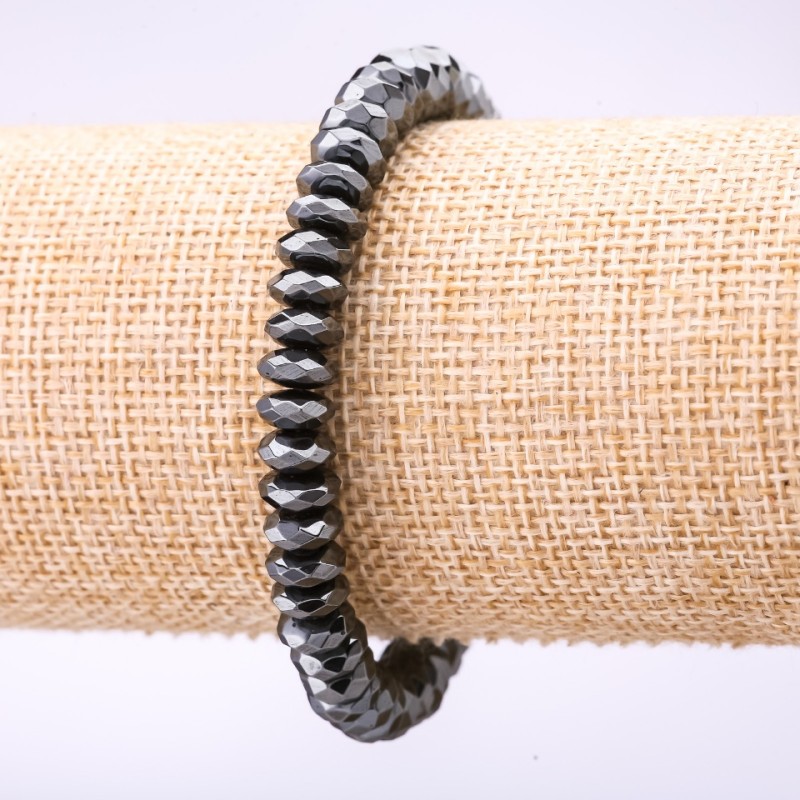 Bracelet Hematite Faceted Rondelle, 8×3.5 mm, 18 cm length on elastic