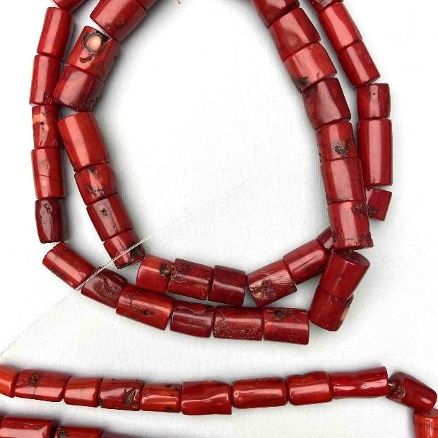 Natural Red Coral Faceted Cylindrical Beads, 12x22-25mm, 1 thread weight from 350g + - (Price per 100g)