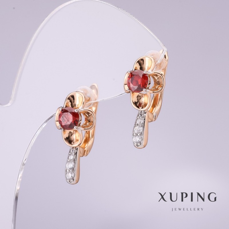 Xuping Earrings with Red Stone, 20×10mm, 18K Gold Plated