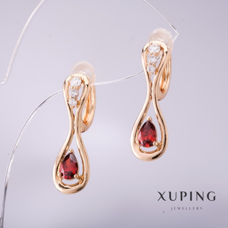 Xuping Earrings with Red Stone, 25×8 mm, 18K Gold Plated