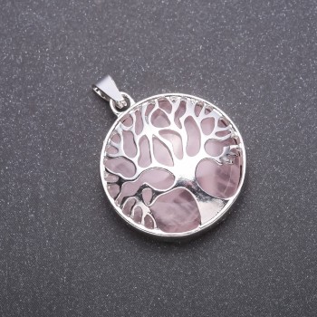 "Tree" Pendant with Natural Rose Quartz Stone, diameter 27mm