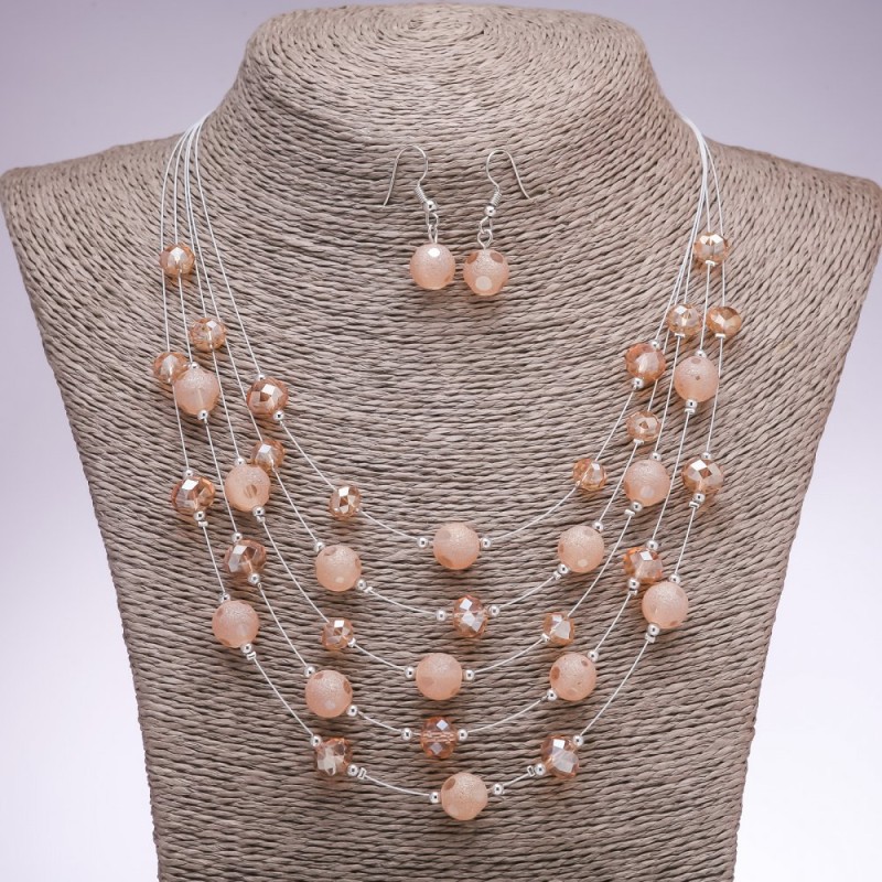 Star Dust Earrings and Necklace Set "On the Strings of the Soul" beads "champagne", diameter 5-10mm, length 45-50cm