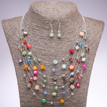 Set of Earrings and necklace "On the Strings of the Soul" multi-coloured mother-of-pearl beads, 7mm and 5mm diameter, length 45-50cm