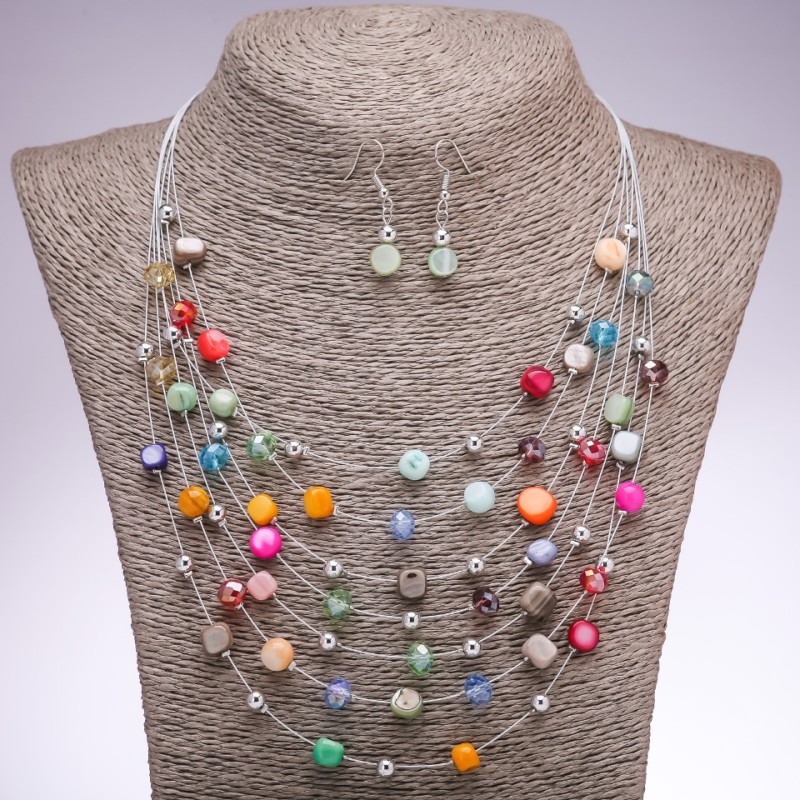 Set of Earrings and necklace "On the Strings of the Soul" multi-coloured mother-of-pearl beads, 7mm and 5mm diameter, length 45-50cm