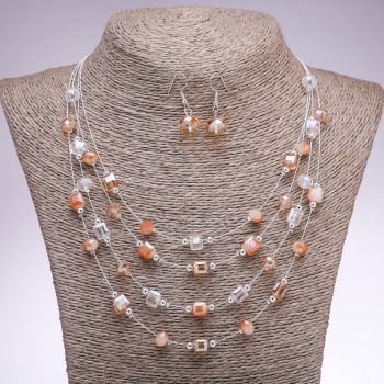 Set of Earrings and Necklace "On the Strings of the Soul" beads cubes "champagne", diameter 5-8mm, length 45-50cm