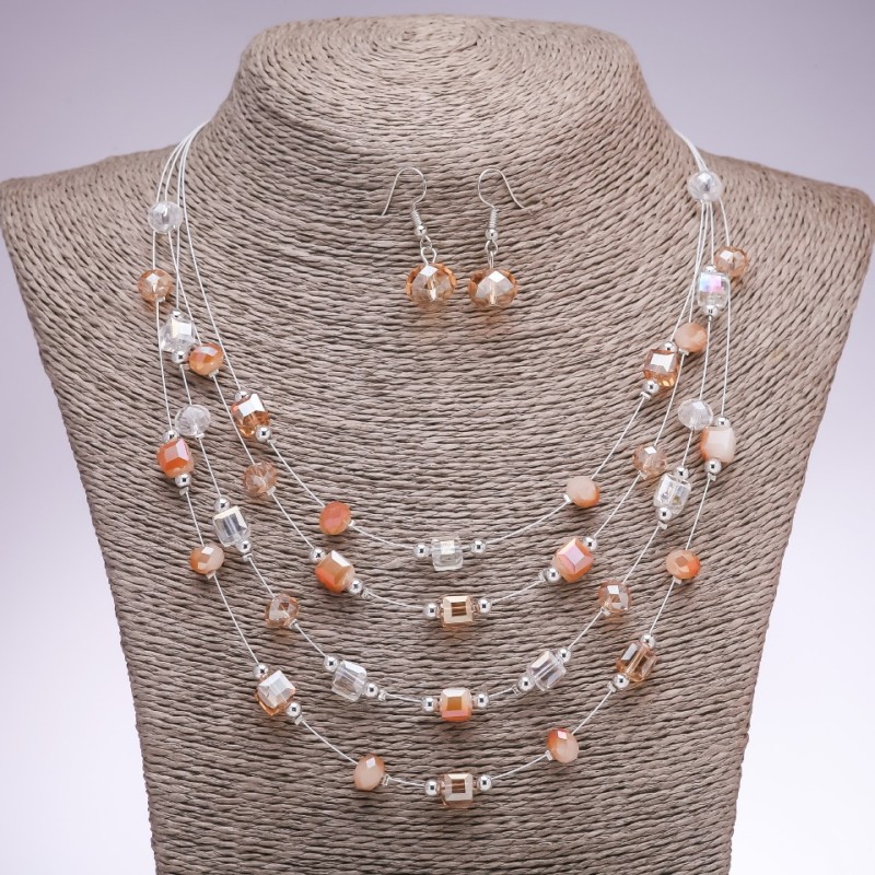 Set of Earrings and Necklace "On the Strings of the Soul" beads cubes "champagne", diameter 5-8mm, length 45-50cm