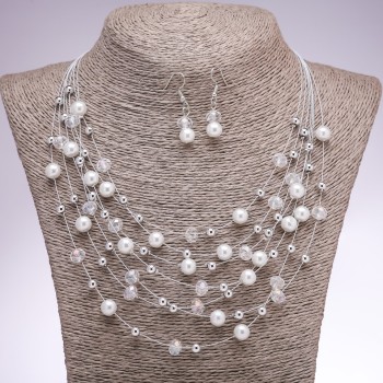 Set of Earrings and Necklace "On the Strings of the Soul" white beads, diameter 5-8mm, length 45-50cm
