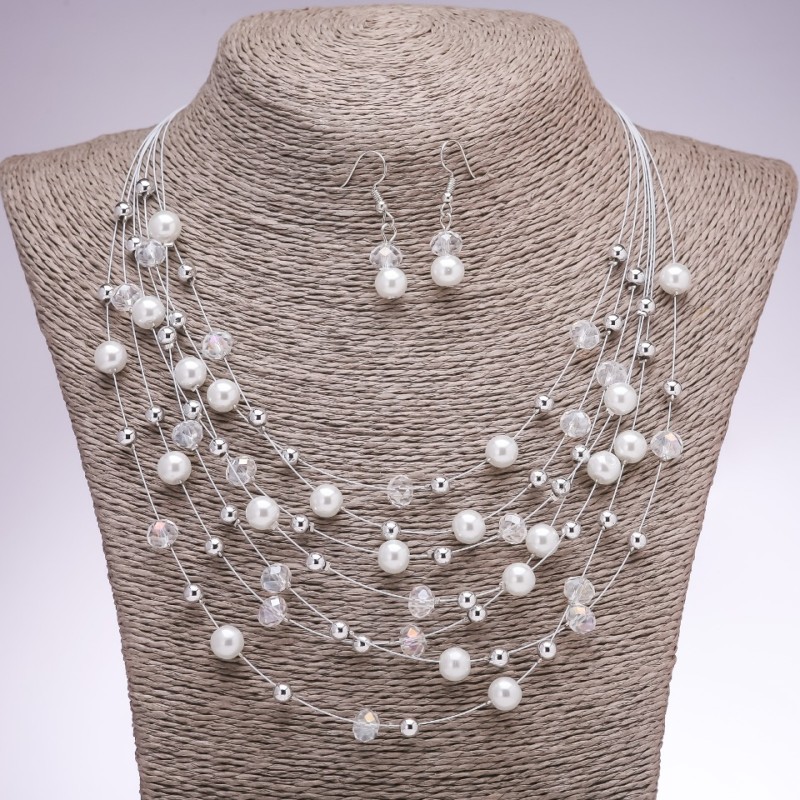 Set of Earrings and Necklace "On the Strings of the Soul" white beads, diameter 5-8mm, length 45-50cm