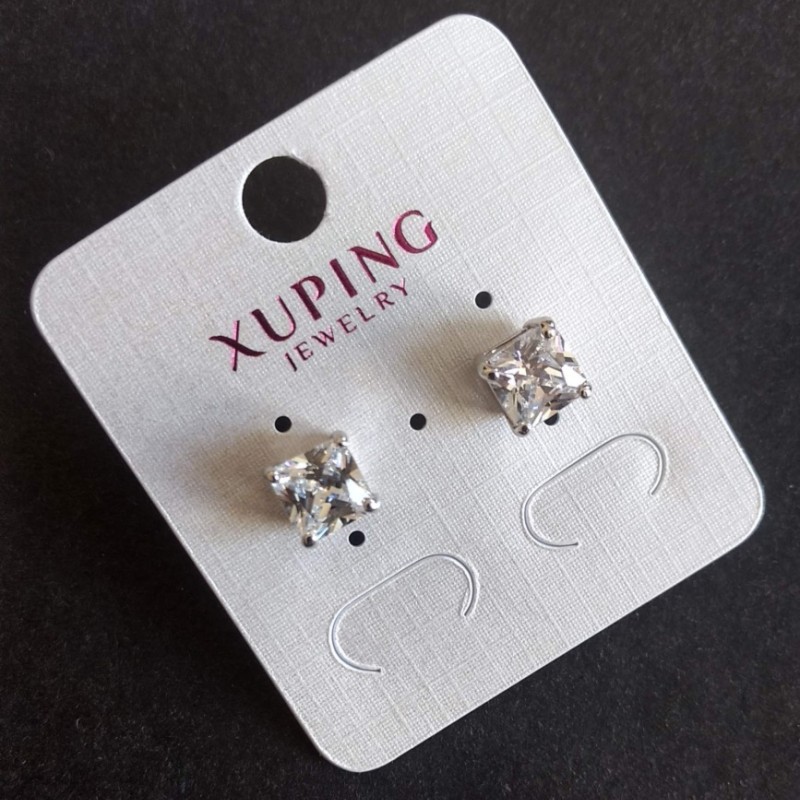 Xuping Stud Earrings with White Stones, Square 8mm Rhodium Plated