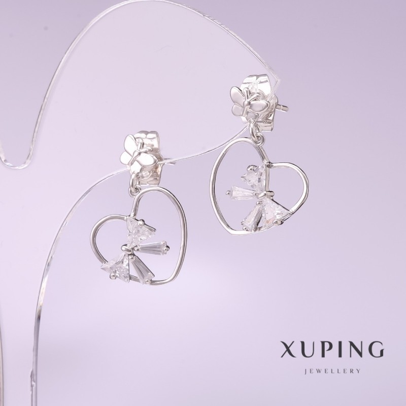 Earrings Xuping Hearts with White Stone 20x15mm Rhodium