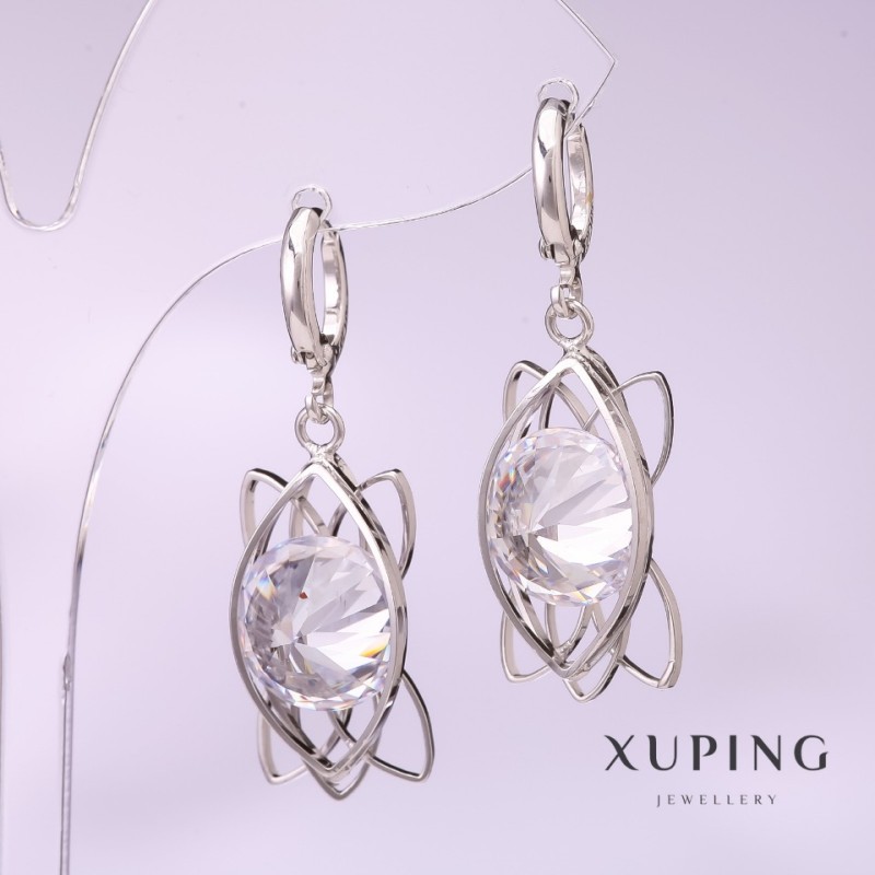Xuping Earrings with White Stone 40x12mm Rhodium