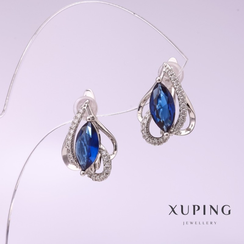 Xuping earrings with blue stone 13x18mm Rhodium