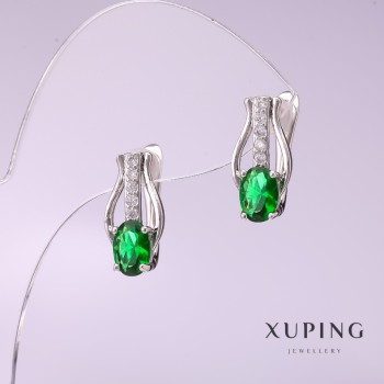 Earrings Xuping with green stone 16x8mm Rhodium