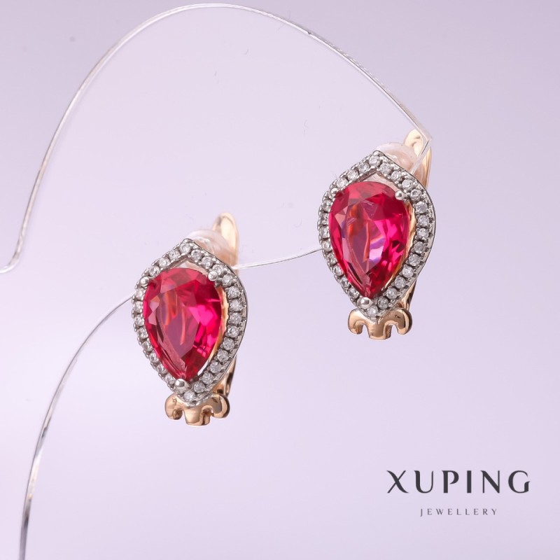 Earrings Xuping with Raspberry-Coloured Stone 10×14mm 18k Gold Plated
