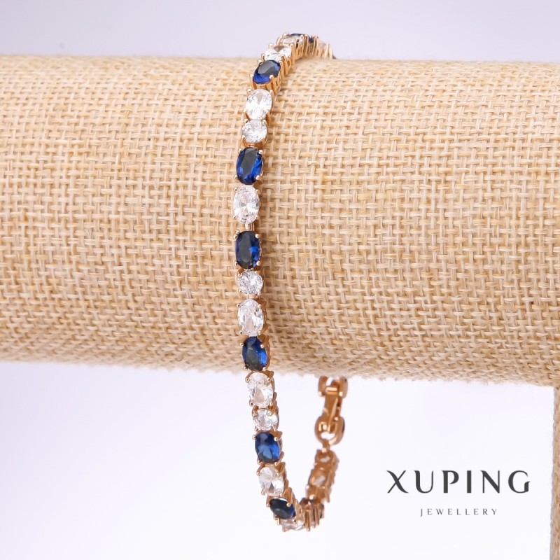 Xuping Bracelet with White and Blue Stones, 4.5mm thick, 18–21cm adjustable length, 18k gold plated