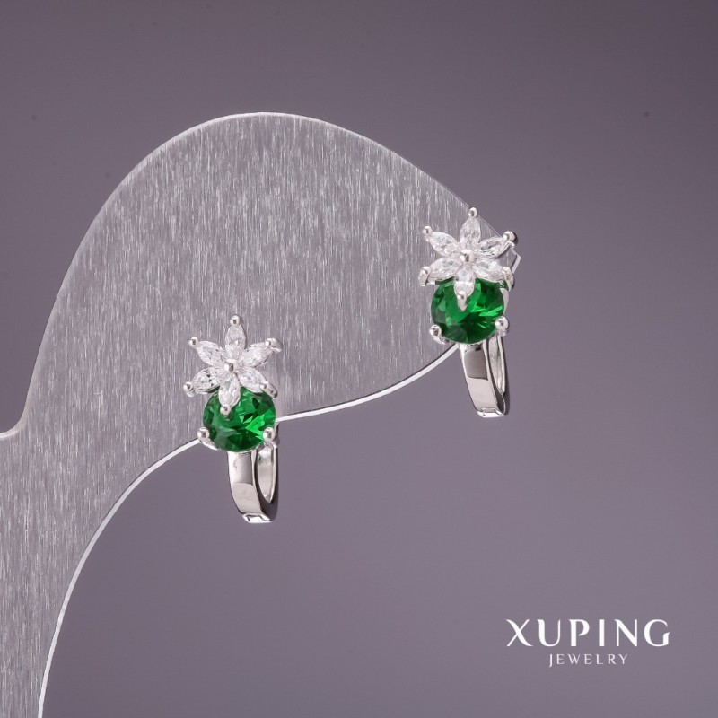 Xuping Earrings with Green Stones 17x7mm Rhodium
