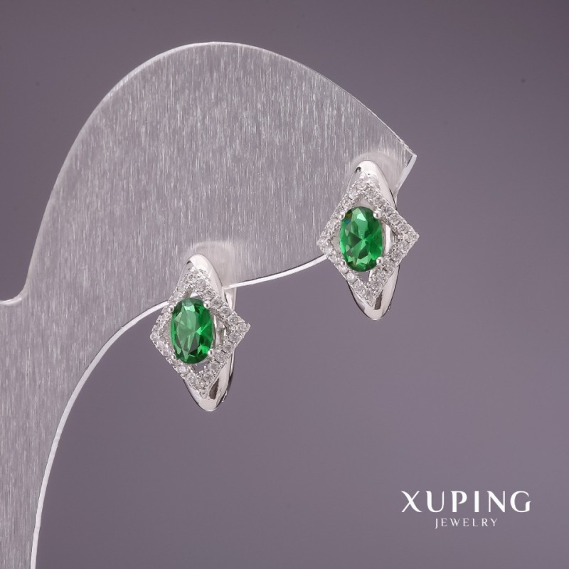 Earrings Xuping with Green Stones 15×10mm Rhodium