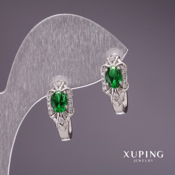 Earrings Xuping with green stones 28×8mm Rhodium