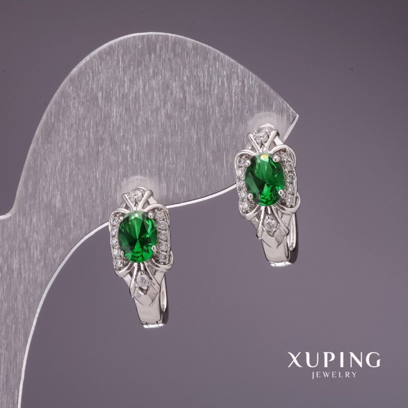 Earrings Xuping with green stones 28×8mm Rhodium