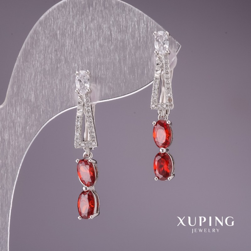 Xuping earrings with red stones 31x5mm rhodium