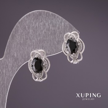 Xuping Earrings with Black Stones 15x11mm Rhodium